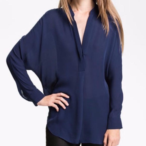 Vince Pop-Over Navy Silk Dolman Sleeve Tunic M - Picture 2 of 8